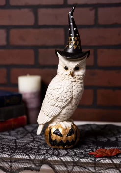 14" White & Gold Owl With Witch Hat On Gold Jack-O-Lantern