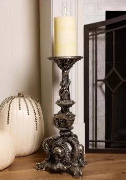 20.5 Inch Silver Resin Skull & Bat Candle Holder