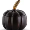 5 Inch Black Mango Wood Pumpkin With Lid And Gold Stem