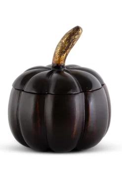 5 Inch Black Mango Wood Pumpkin With Lid And Gold Stem