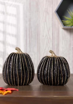 Set Of 2 Black And Gold Striped 6" Pumpkin Decoration