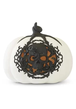 7.75" White & Black LED Pumpkin With Filigree And Skull Decoration