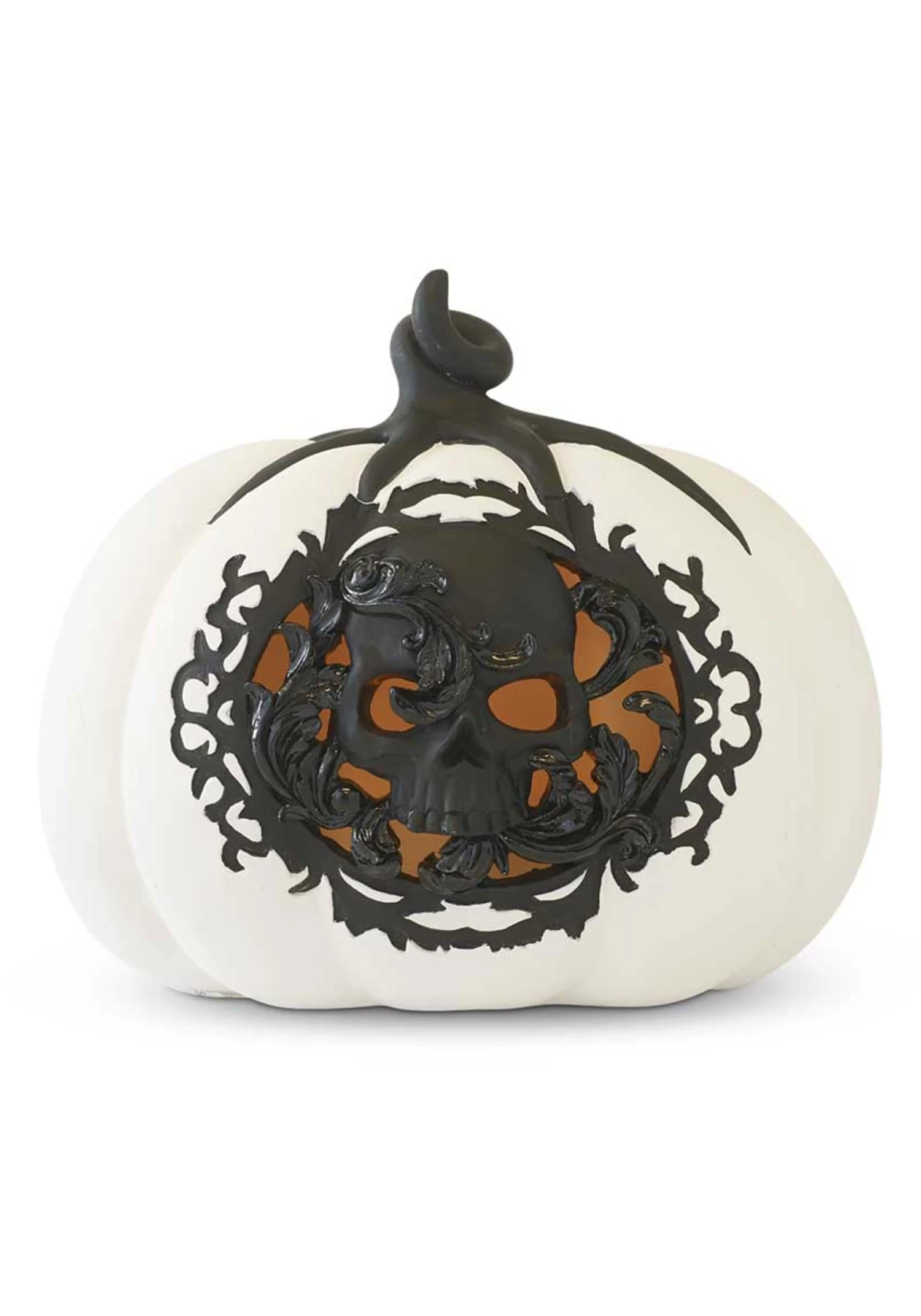 7.75" White & Black LED Pumpkin With Filigree And Skull Decoration 1 7.75" White & Black LED Pumpkin With Filigree And Skull Decoration