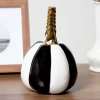 7-Inch White And Black Striped Ceramic Pumpkin Decoration