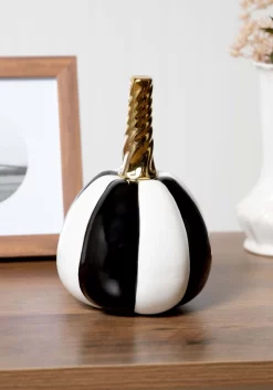 7-Inch White And Black Striped Ceramic Pumpkin Decoration
