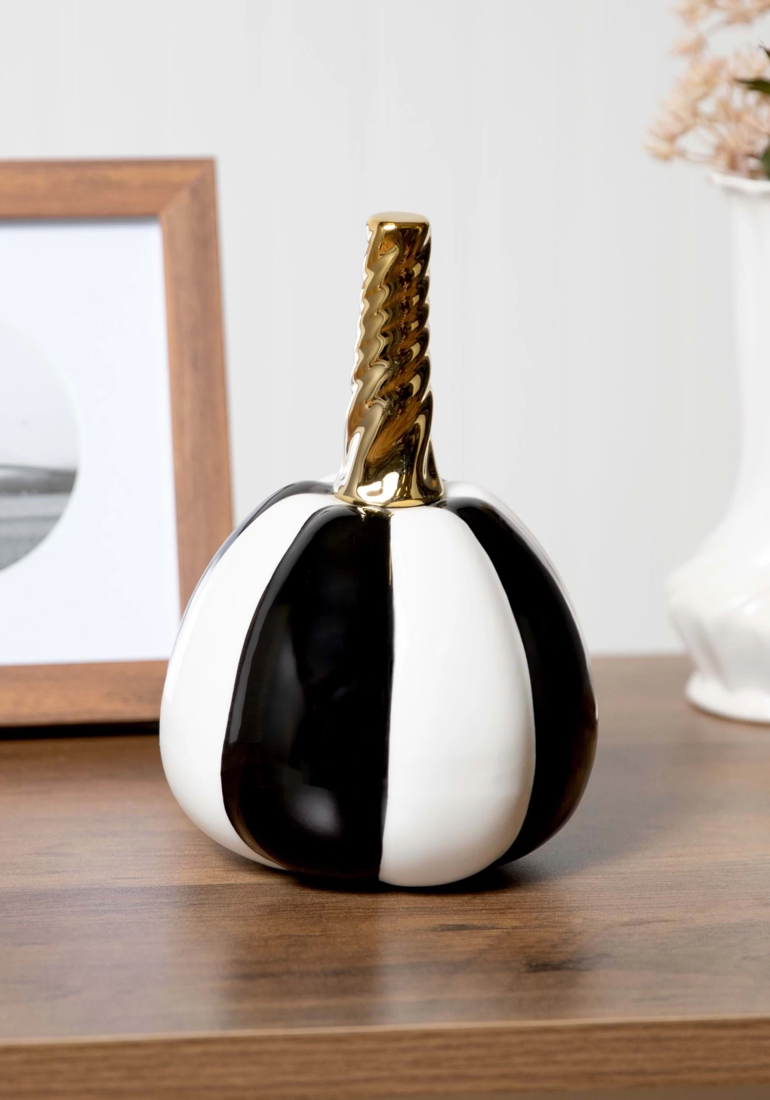 7-Inch White And Black Striped Ceramic Pumpkin Decoration 1 7-Inch White And Black Striped Ceramic Pumpkin Decoration