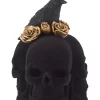 Eight Inch Trio Of Black Velvet Skulls With Gold Roses