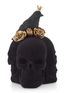 Eight Inch Trio Of Black Velvet Skulls With Gold Roses