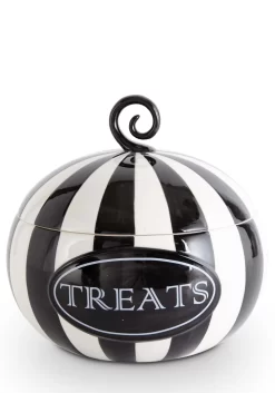 Nine Inch Black And White Striped Pumpkin Treats Container