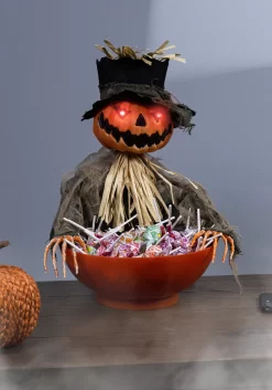 Animated Candy Bowl With Light Up Pumpkin Scarecrow Decoration