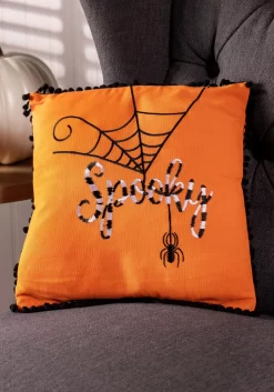12-Inch Orange Decorative Halloween Pillow With Black And White Embroidery