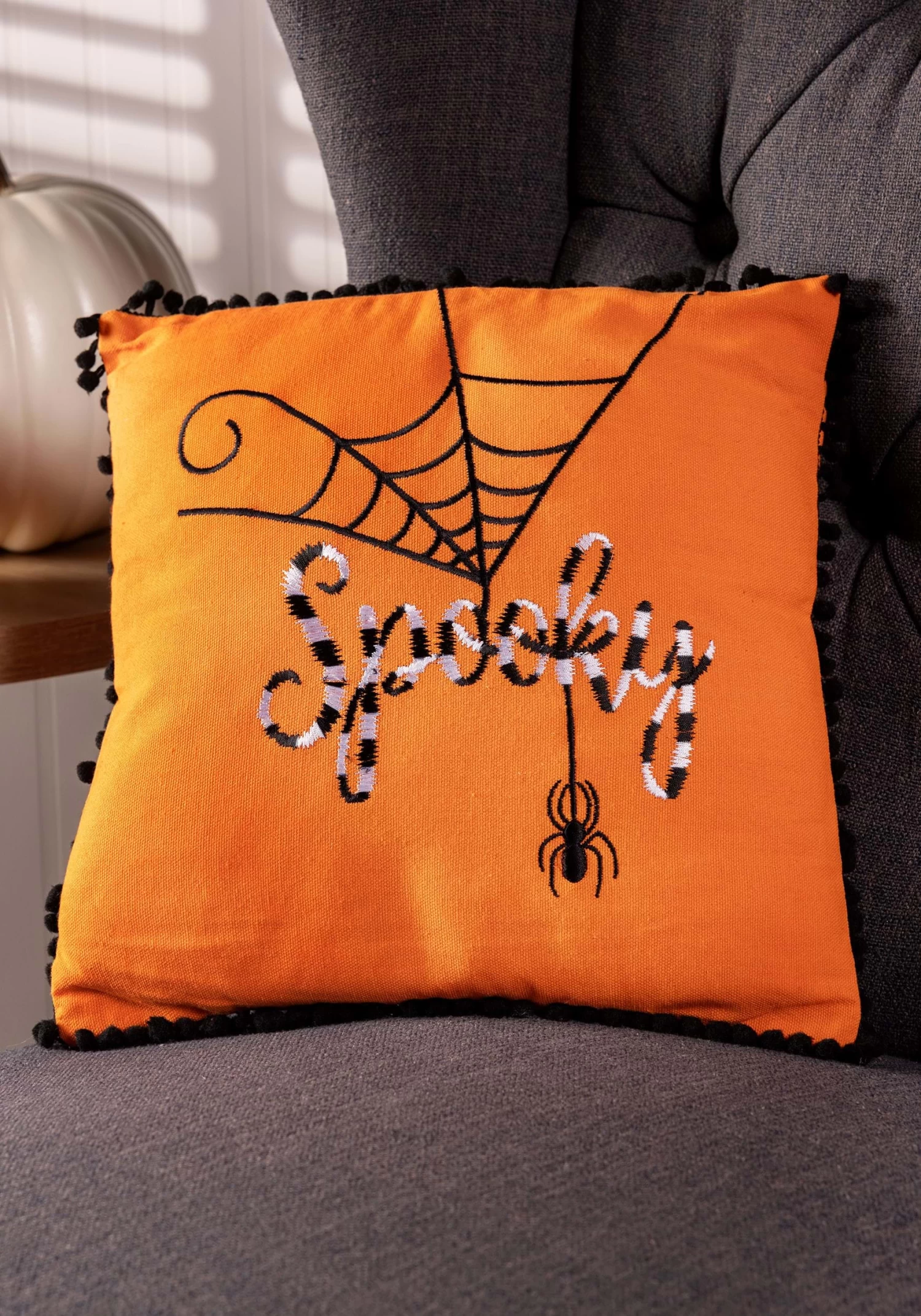 12-Inch Orange Decorative Halloween Pillow With Black And White Embroidery 1 12-Inch Orange Decorative Halloween Pillow With Black And White Embroidery
