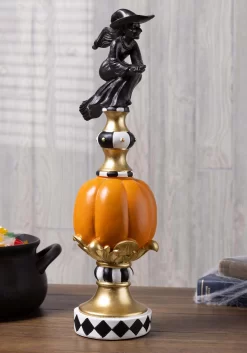 17-Inch Resin Black White Orange And Gold Finial With Flying Witch Decoration