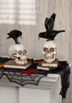 Set Of 2 Resin LED Skull On Books With Crow Halloween Figurines Decoration