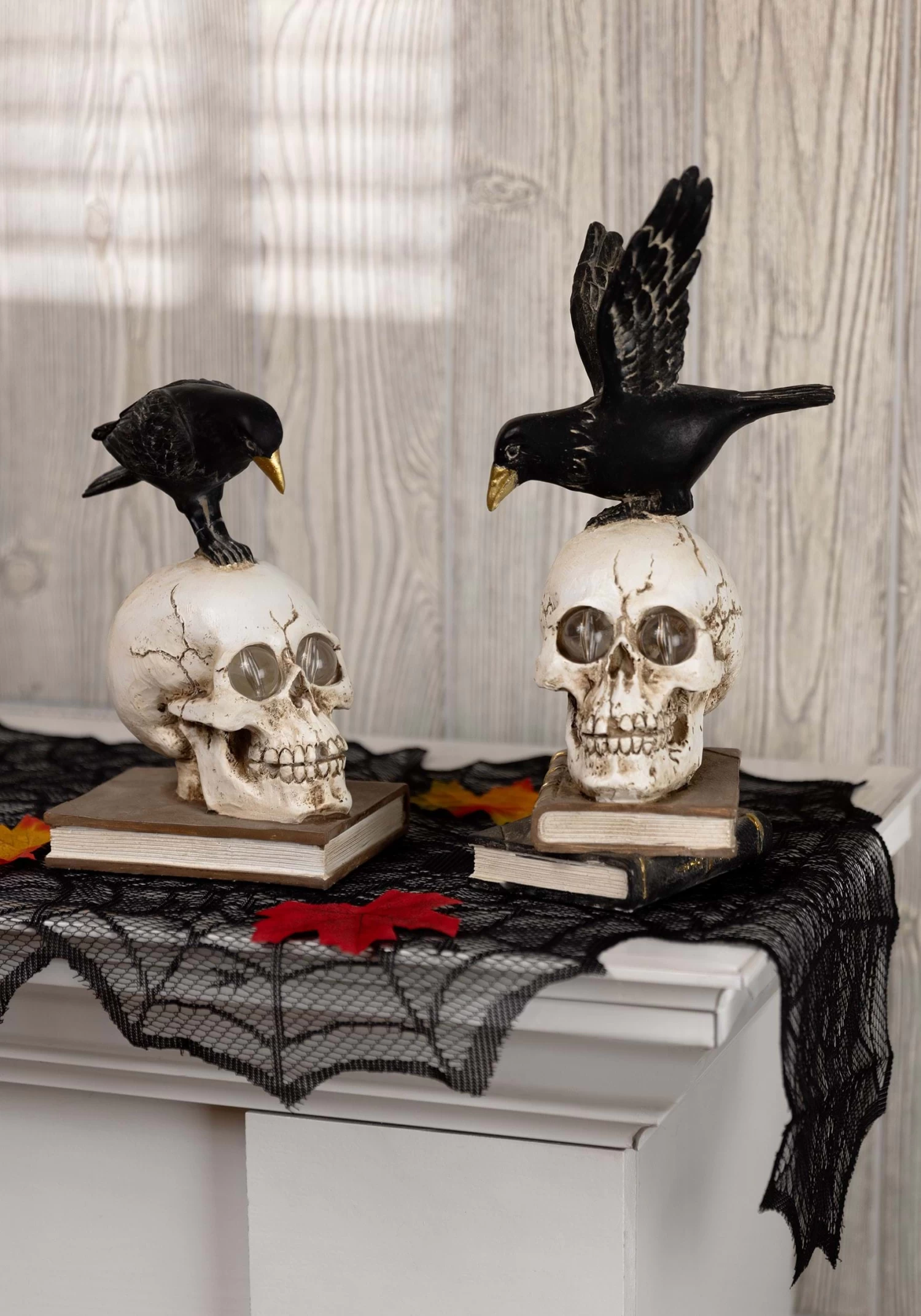 Set Of 2 Resin LED Skull On Books With Crow Halloween Figurines Decoration 1 Set Of 2 Resin LED Skull On Books With Crow Halloween Figurines Decoration