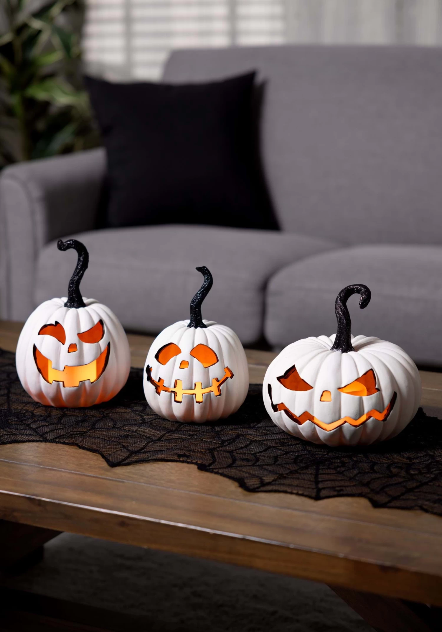 Set Of 3 White Resin LED Flicker Flame Jack 'O Lanterns Decoration 1 Set Of 3 White Resin LED Flicker Flame Jack 'O Lanterns Decoration