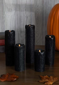 Set Of 5 Decorative Black Glitter LED Candles
