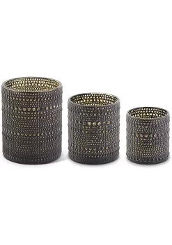 Set Of Three Black And Gold Glass Candle Holders