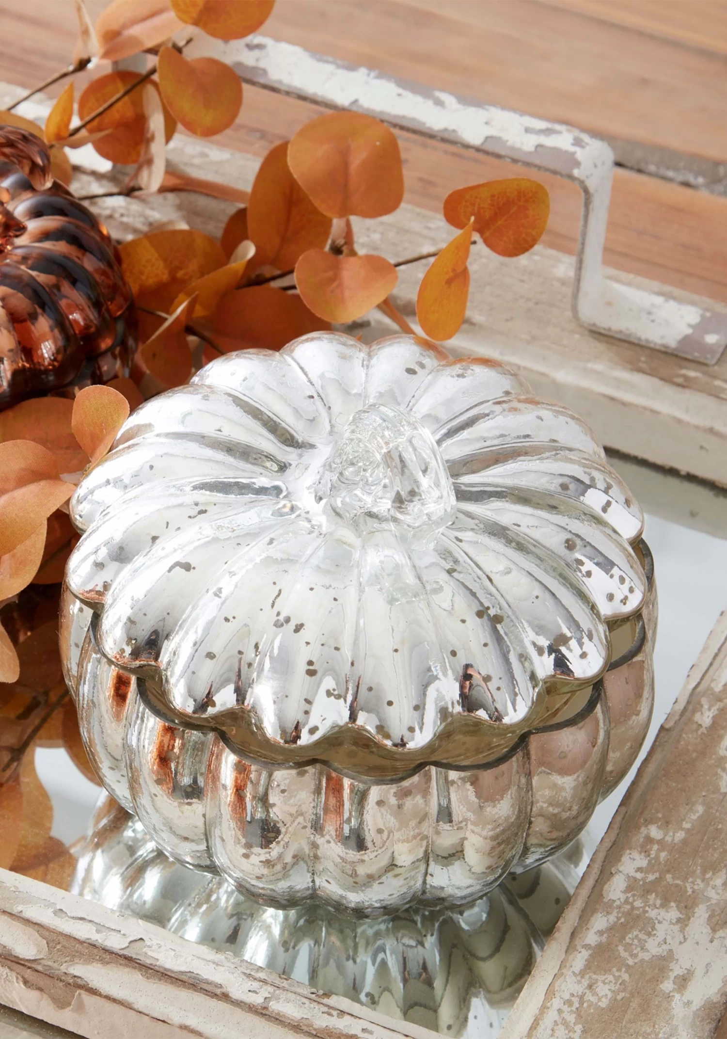 5.5-Inch Silver Mercury Glass Pumpkin Candle Decoration 2 5.5-Inch Silver Mercury Glass Pumpkin Candle Decoration - Image 2