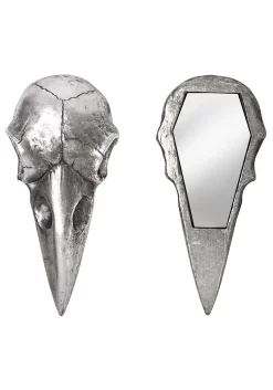 Raven Skull Silver Hand Mirror Decoration -Halloween Decoration Store silver raven skull hand mirror alt 2